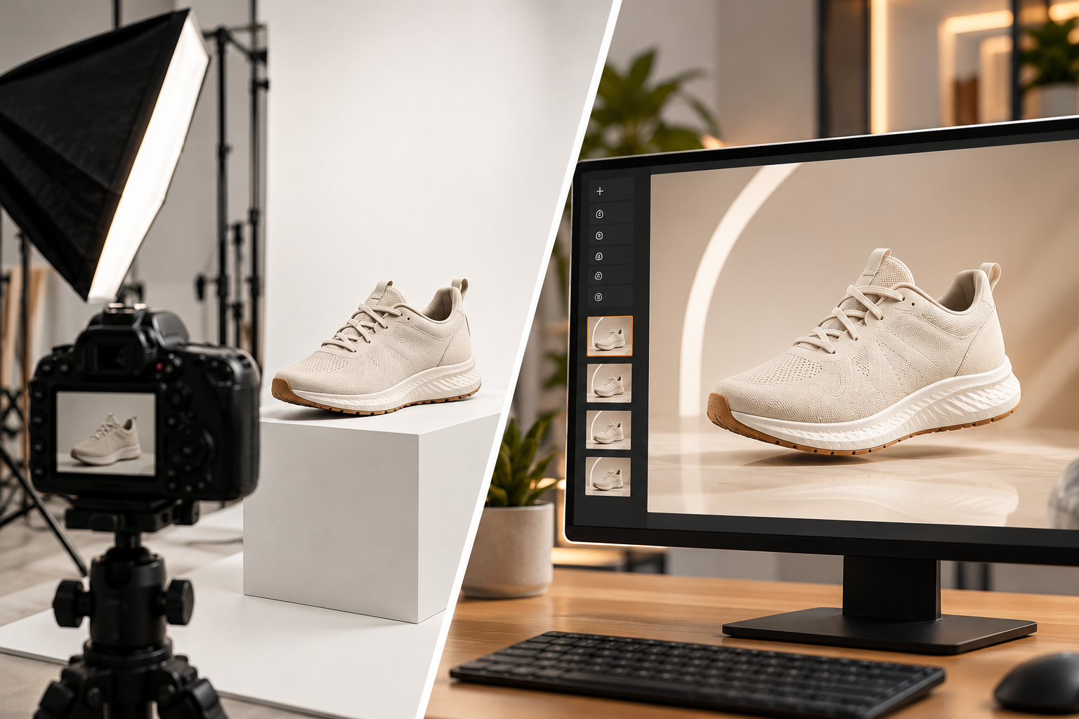 Vergleich klassisches Fotostudio-Shooting und KI-generierte Produktbilder